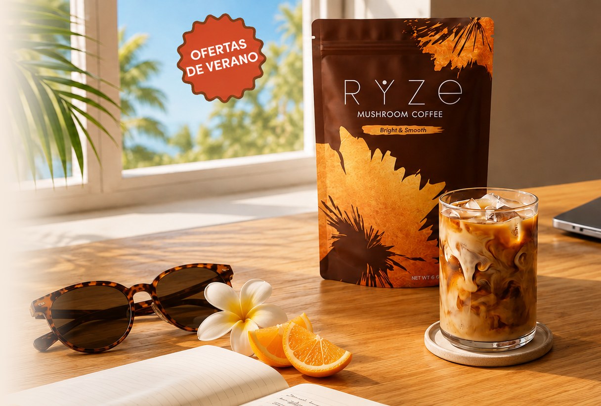 Bolsa de RiseUp Coffee y un café con hielo sobre una mesa de verano